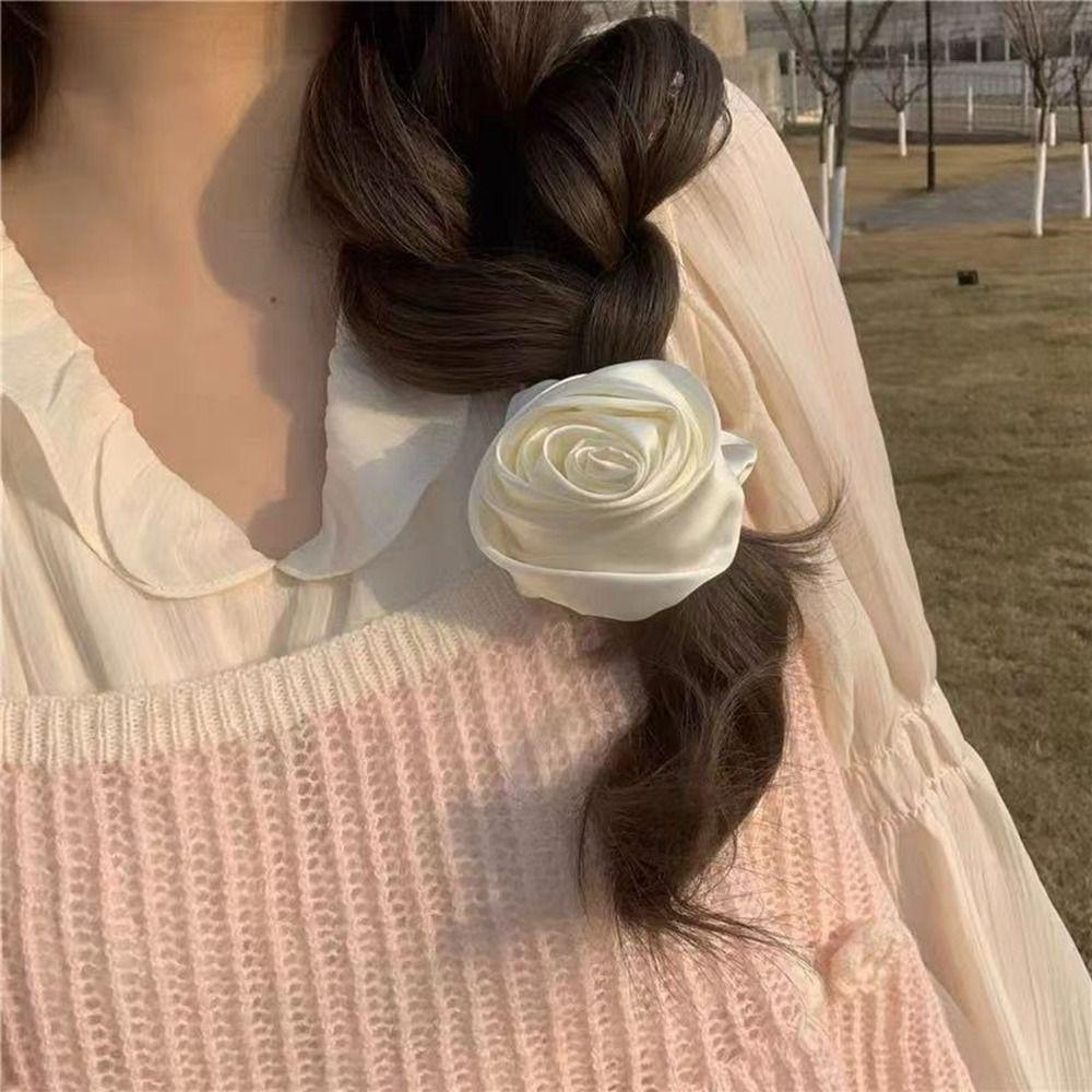 3PCS Retro Hair Accessories Satin Gloss Flower Hair Ring Hair Bands Rose Hair Rope Hair Scrunchie