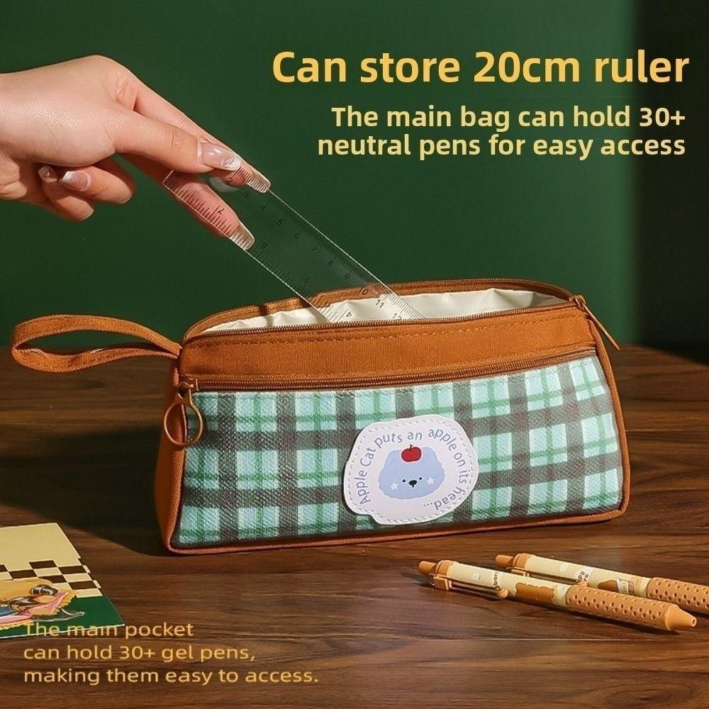 Cloth Vintage Plaid Pen Bag Cute Animal Pencil Pouch Retro Grid Stationery Bag  Kids Children