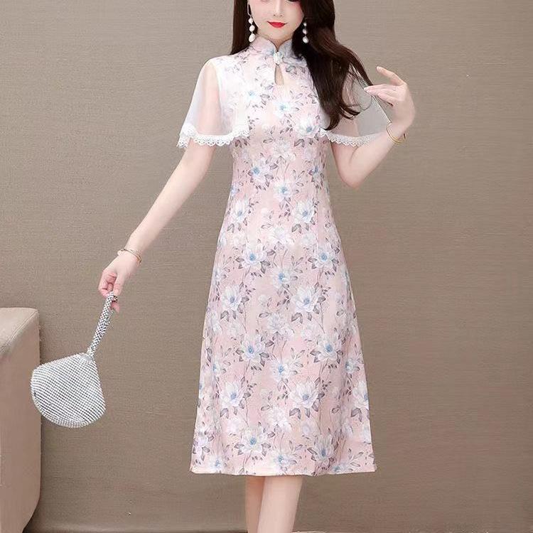 Elegant Summer Floral Frog Button Lace Midi A-line Dress Large розовый
