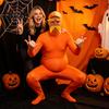 Stretchy Zentai Pak Oranje Volledig Bodysuit voor Kinderen Volwassenen, met Buik, Gele Snor & Wenkbrauwen, Halloween Cosplay Outfit Mannen Vrouwen Open Gezicht Pak,