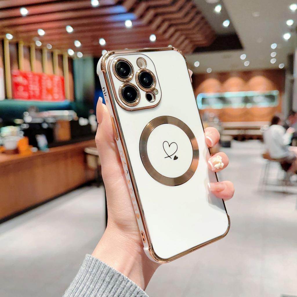 Applicable To iPhone17Promax Electroplating Double Love Mobile Phone Case Apple 16Pro Magnetic Anti-drop 15 Protective Case