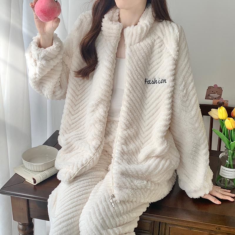 Pijamale Jacquard din Fleece Coral pentru Femei: Cardigan drăguț, călduros, cu guler înalt cu fermoar pentru toamnă și iarnă