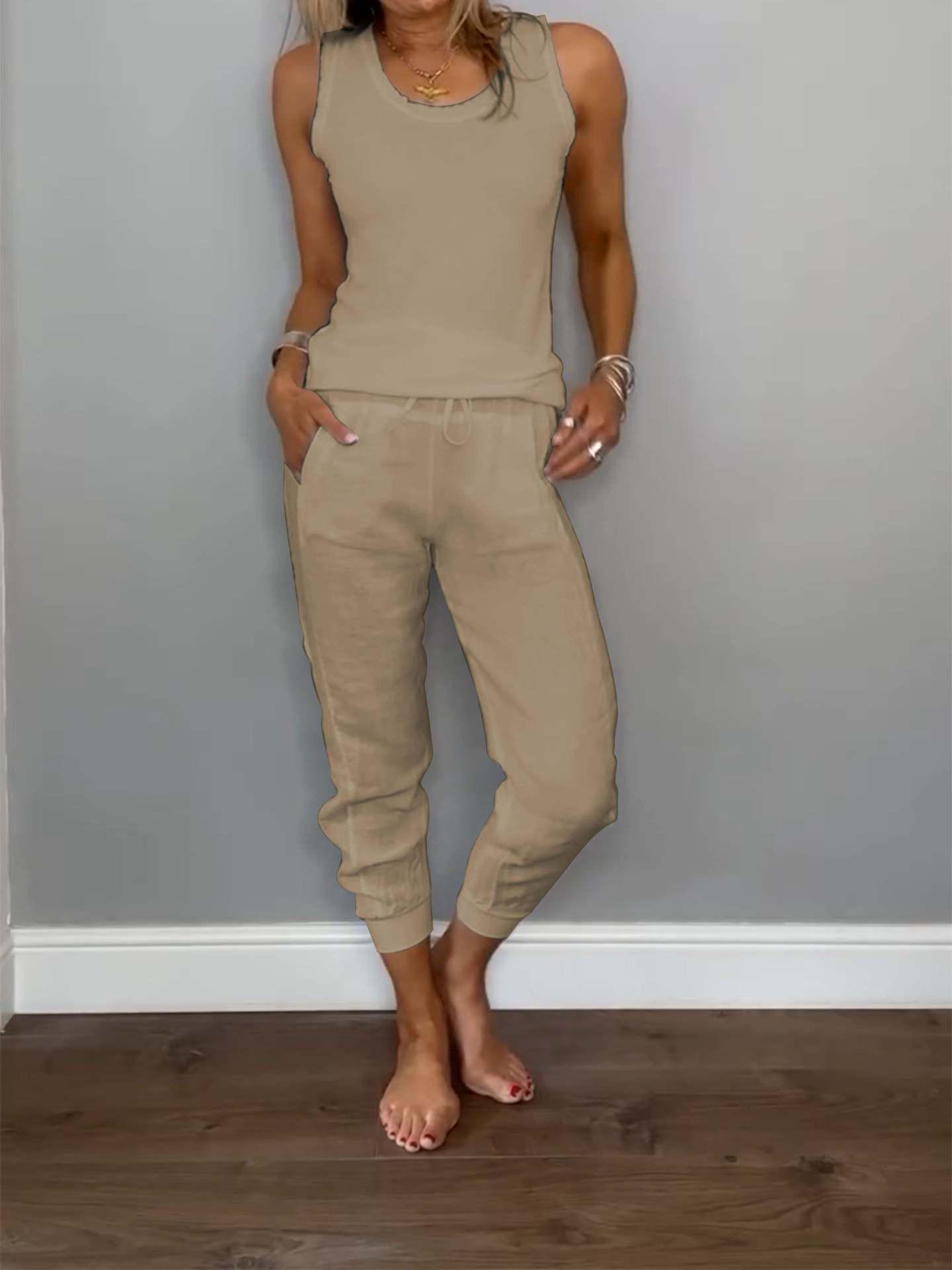 

2024 Cotton Linen Vest and Drawstring Casual Pants Set for Summer/Autumn L хакі