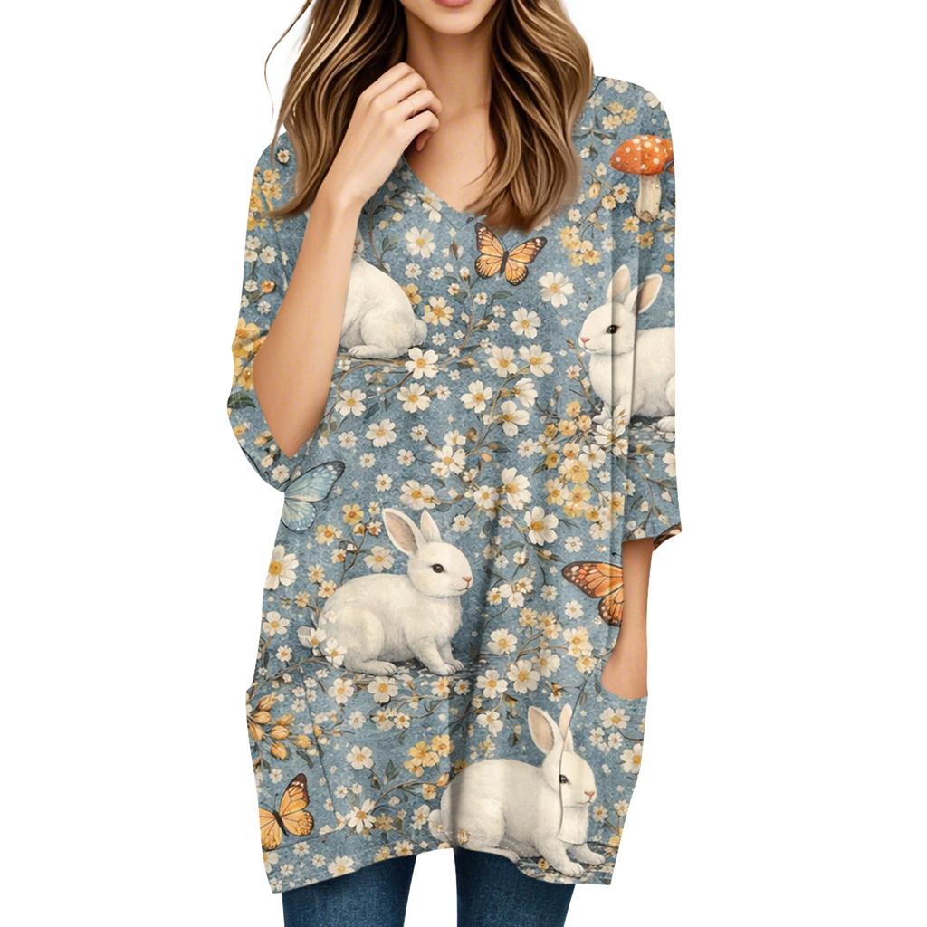 Womens Tops V-neck 3/4 Sleeve Blouses Casual Mid-length Shirts Fashion Print Tunic Tops With Pockets