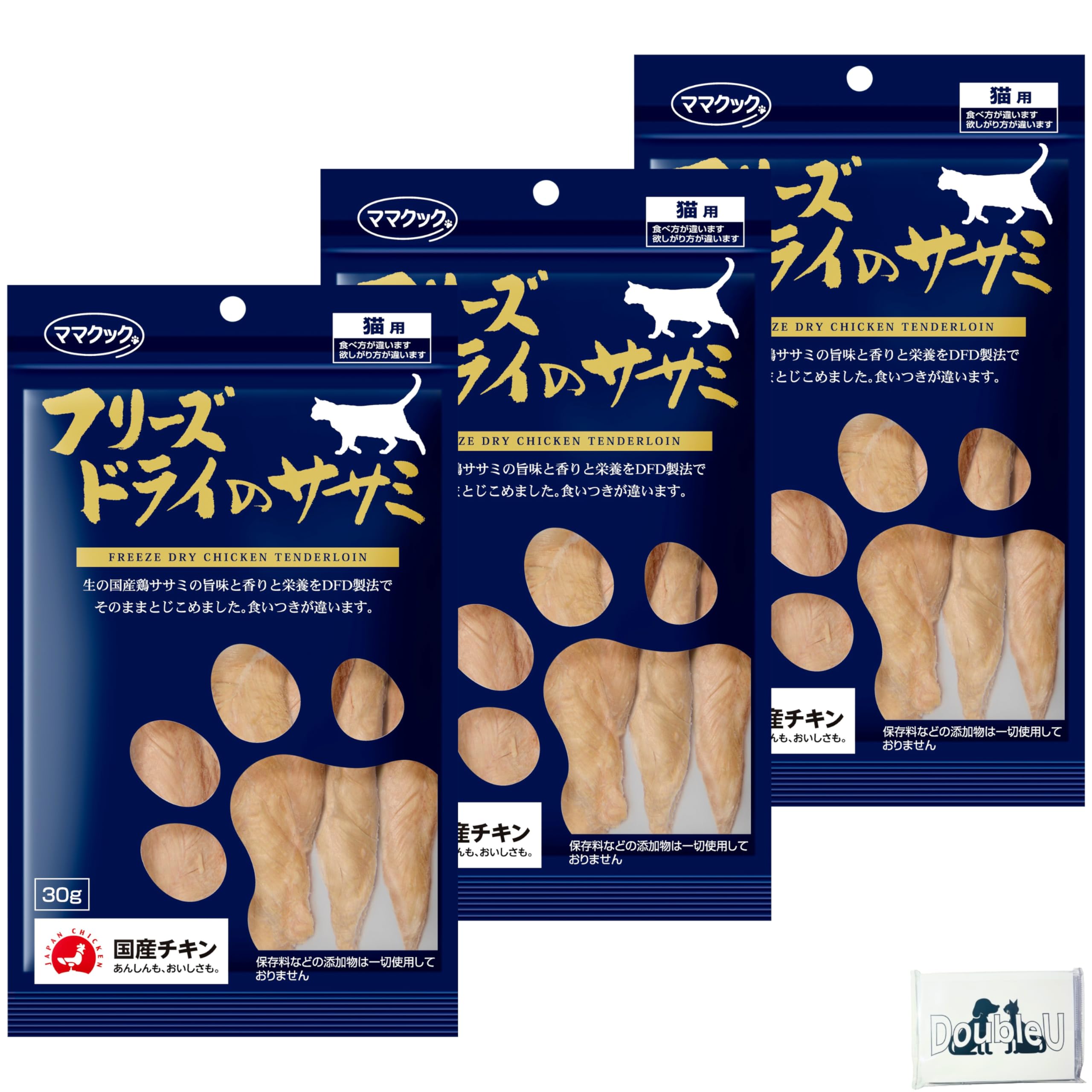 

Мама Кук Кэт Курица Сделано в Подходит для всех пород кошек и Пробная упаковка Ткань с логотипом Double U (Набор из 3 штук) - 30г, Сублимированный, Без добавок, Япония,