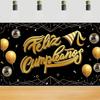 Feliz cumpleaños Sfondo di Compleanno Spagnolo Palloncini Nero Oro Scena Festa di Compleanno Decorazione Stendardo Sfondo per Foto Adulti
