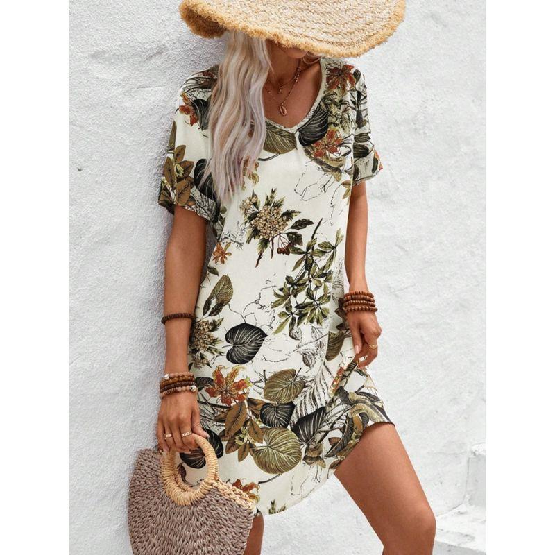 Small Fashion Summer V Neck Fashion Print Elegant Short Sleeve Dress Short Skirt Trendy Women's Dresses