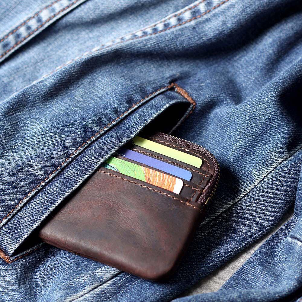 Wielokieszeniowy Portfel Męski Retro Kawa Ręcznie Robiony Skóra Crazy Horse Designerski Zapinany na Zamek Kieszonki na Monety i Karty Kredytowe Małe Saszetki