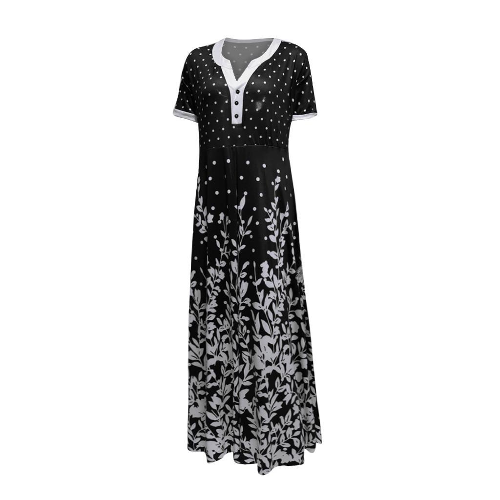 Fashion Women Loose Contrast Print Short Sleeves V-Neck Casual Long Dress