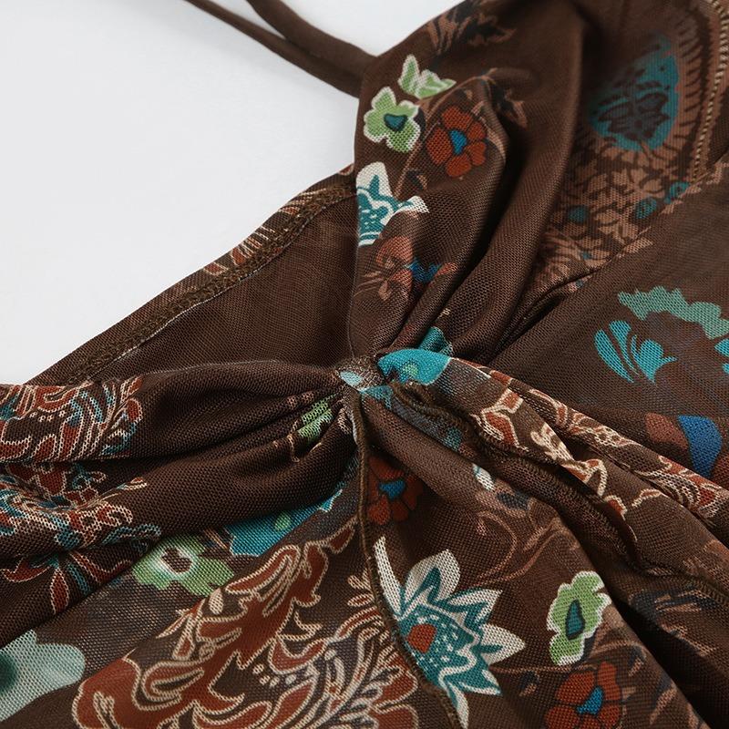 Top Canotta da Donna Estiva con Spalline Sottili, Stampa Floreale Paisley, Rete Trasparente, Nodo Frontale, Vestibilità Aderente