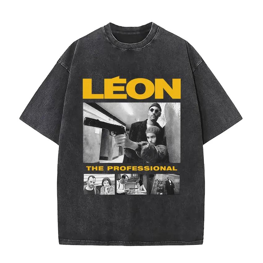 Vintage Washed Leon The Professional Movie Actors T Shirts Men Women's Pop Fashion Cotton Short Sleeve T-shirt Gothic