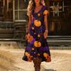 Women's Vintage Halloween Print Sundress V-Neck Short Sleeve Summer Beach Dress