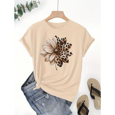 New Women's Retro Floral and Leopard Print Round Neck Short Sleeved T-shirt Casual and Holiday Wear Urban Style Printed T-Shirt