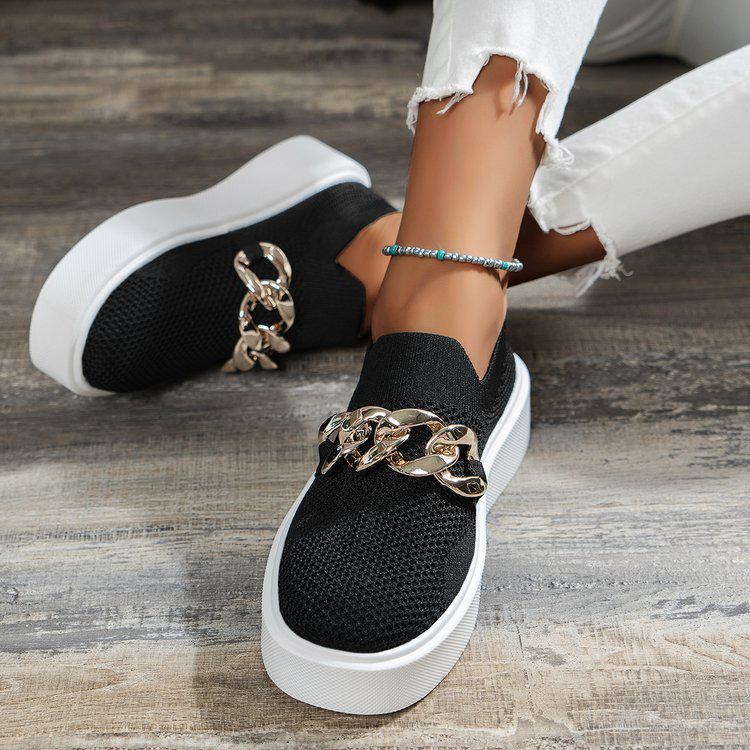 Chunky Sole Fly-Knit Slip-On Loafers with Chain Decoration - Women's Breathable Low-Top Shoes