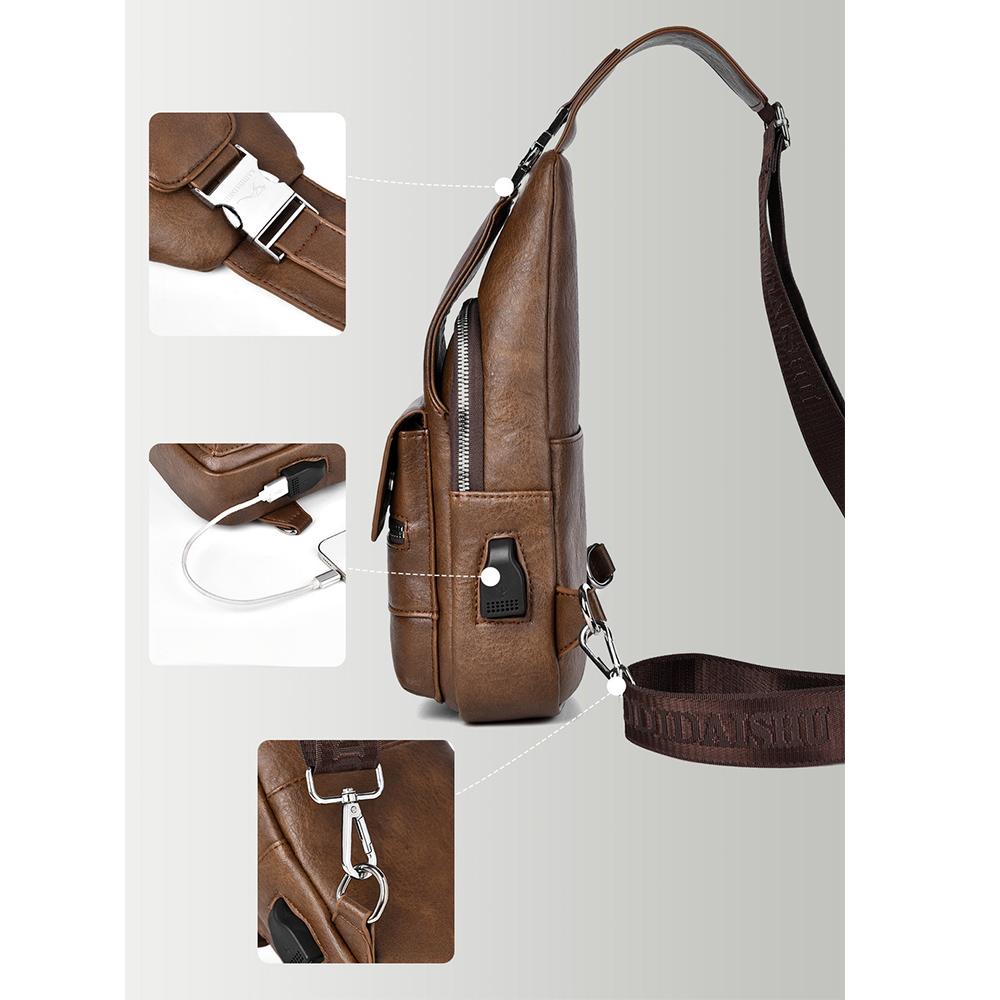 Men's Chest Bag USB Design Messenger Backpack Retro Fabric Shoulder Messenger Bag Sports Small Bag