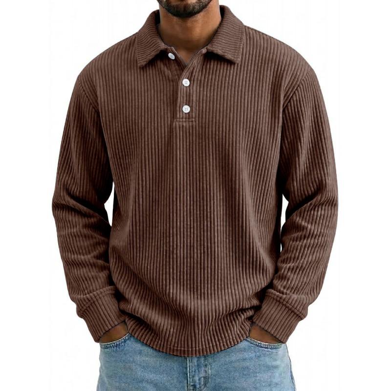 Mens Solid Corduroy Relaxed Fit Long Sleeve Polo Shirt Casual Wear