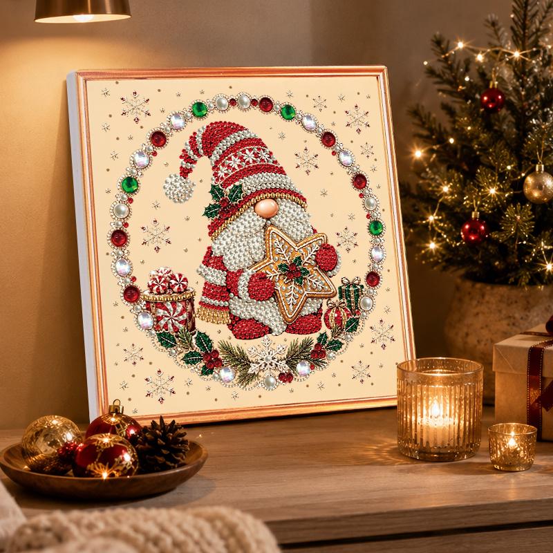 Christmas Gnome Pearl Diamond Painting Kit, PVC Beaded Mosaic Art with Tomte Gnome Star Cookie Candy Gift Box Holly Snowflake Gem Border Pattern, DIY