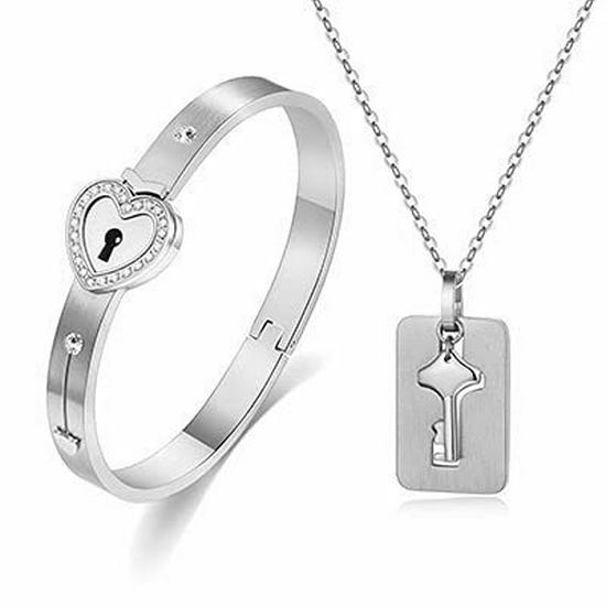 Fly to the Clouds Titanium Steel Couple's Concentric Lock Bracelet & Necklace Set