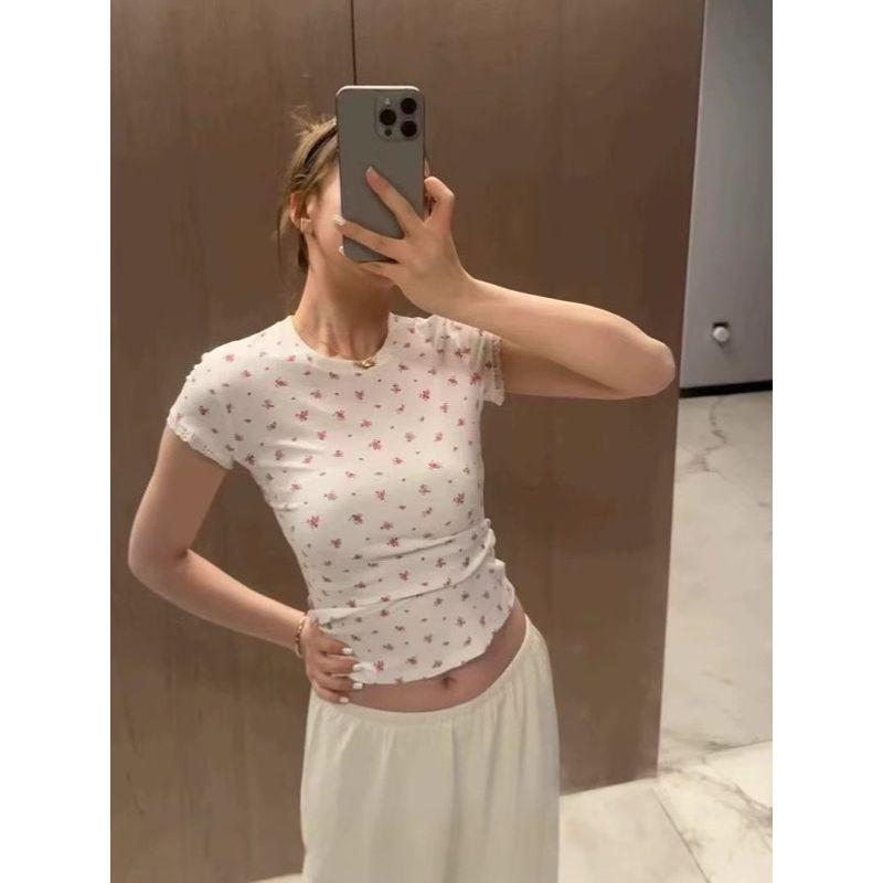 American Skims In Stock Summer New Gyaru Set Valentine's Day Series Lace Floral Short Sleeve T-shirt Trousers Women