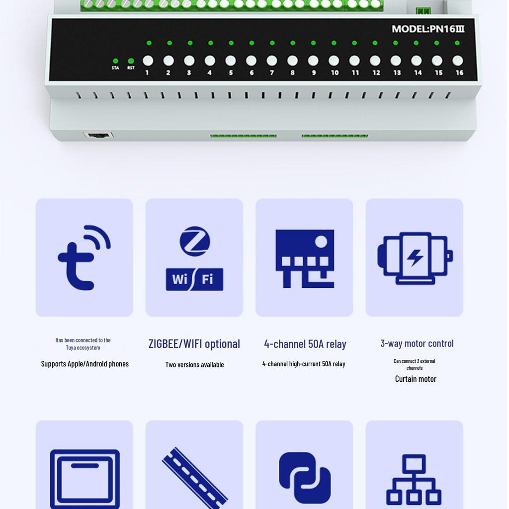 Tuya ZigBee 16-Channel Smart Dry Contact Switch for Wired Curtain Motors