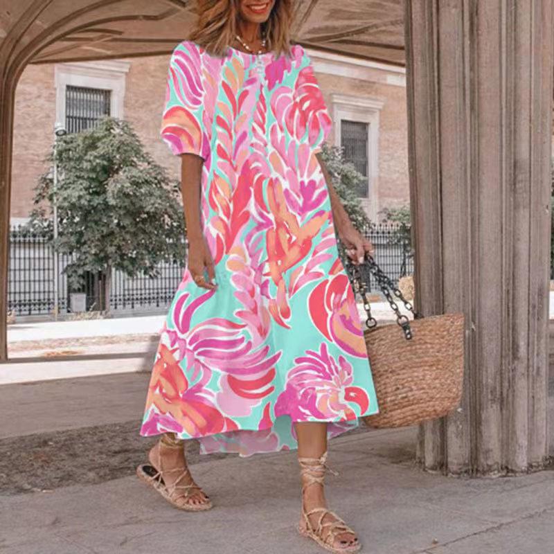 Tooxika New Holiday Casual rundhals løs midje trykt kortermet kjole for kvinner