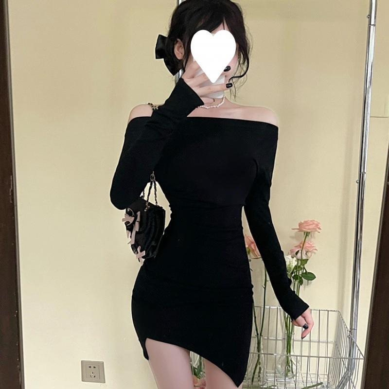 One-word shoulder dress women's long-sleeved cold department high-end hot girl sexy off-the-shoulder waist tight bottom hip skirt