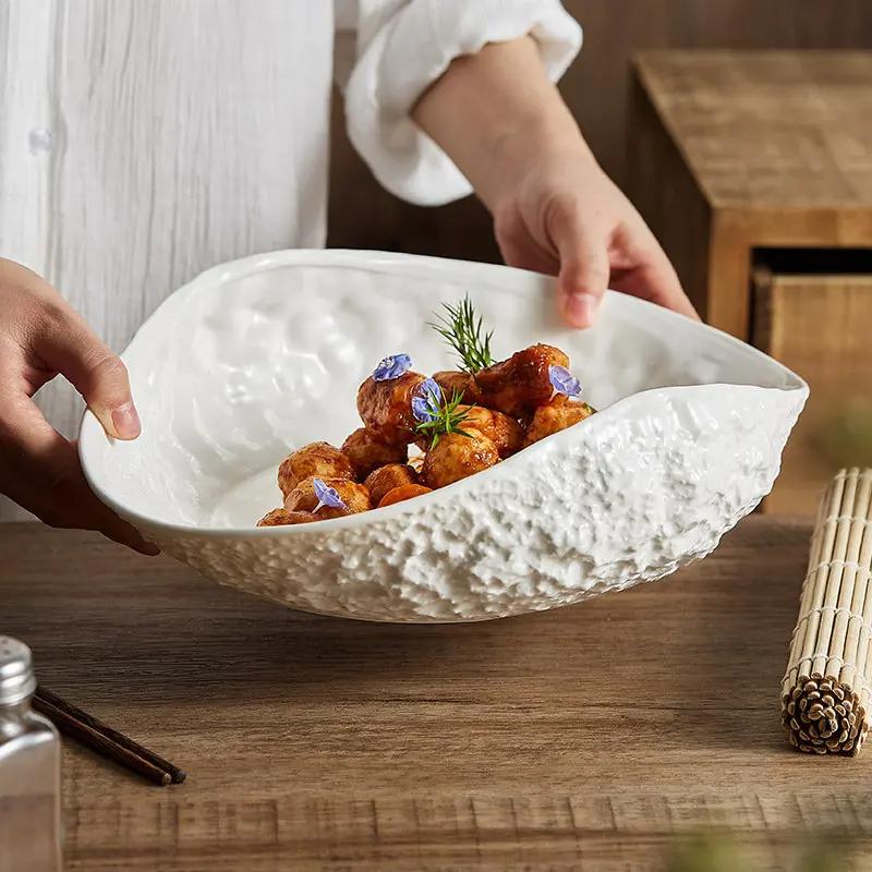 Rock Pattern Pure White Oval Soup Plate Minimalist Kitchen Table Dinner Plate Shell-shaped Edge Ceramic Main Dish Tableware