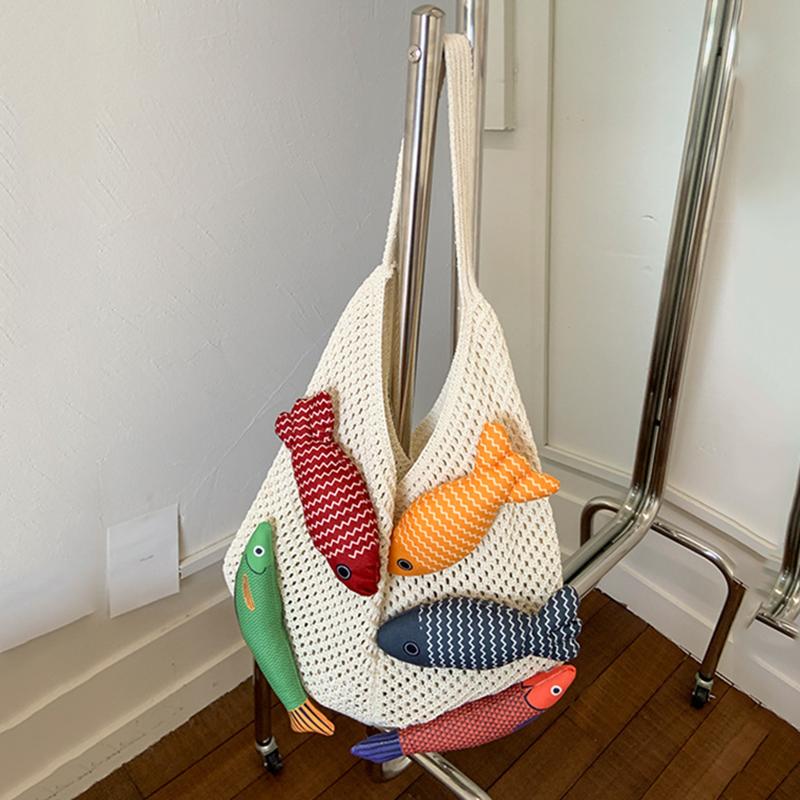 Nuova Borsa a Shopper all'Uncinetto Carina a Forma di Pesce Grande Capacità Borsa a Spalla Intrecciata Casual Multicolore Borsa Lavorata a Maglia Fatta a Mano