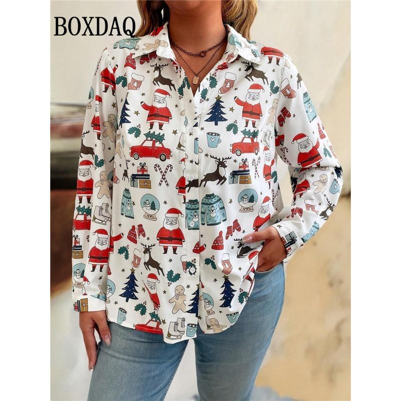 Cute Santa Claus Print Cardigan Shirt For Women 2025 Autumn Fashion Christmas Party Tops Casual Long Sleeve Lapel Button Blouse