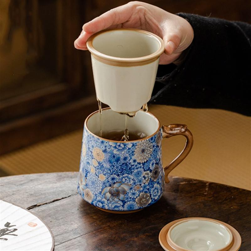 Chinese Ru Kiln Ceramic Tea Cup Mug with Lid and Strainer Retro Handmade Thermos Cup Tea Water Separation Cup Travel Teaware