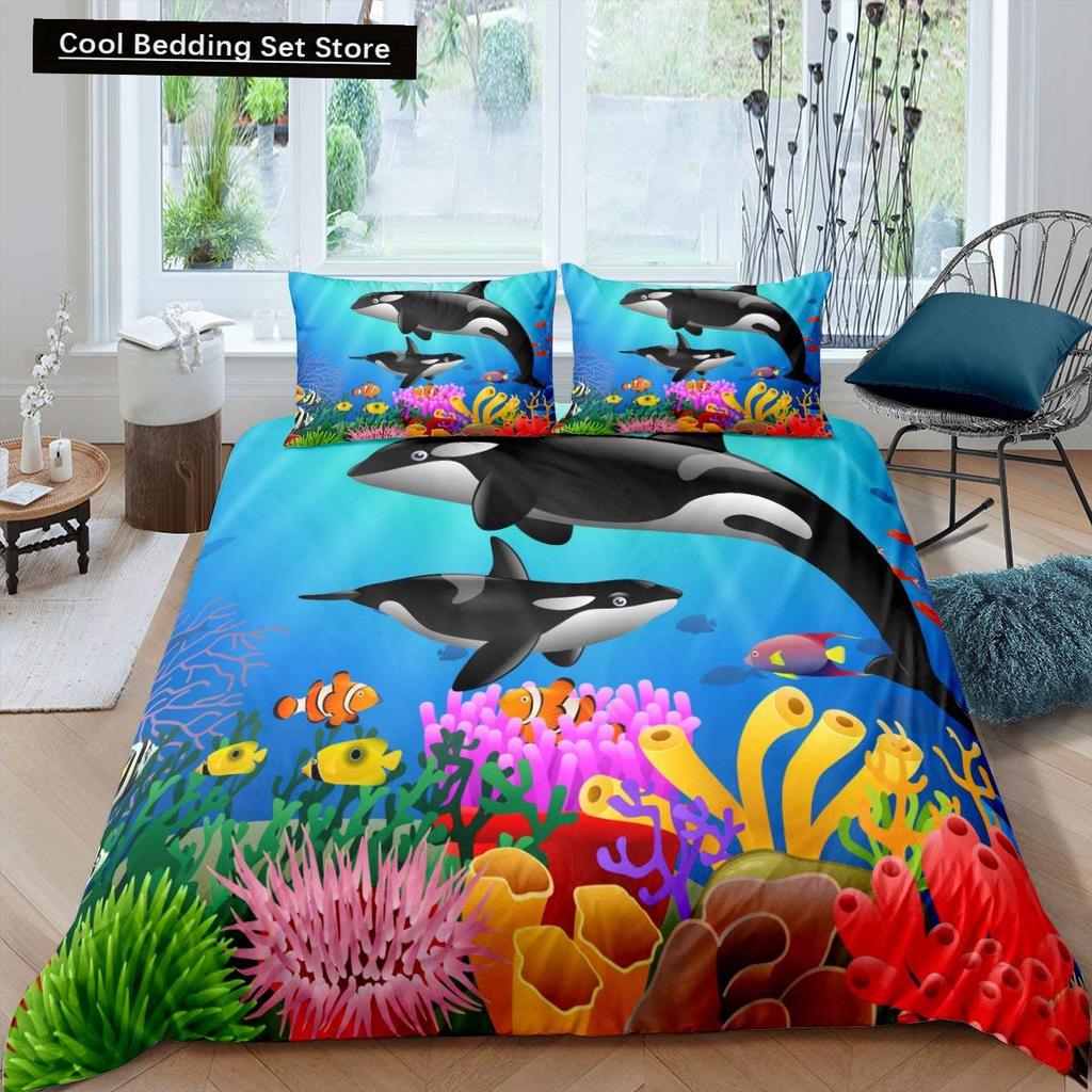 Whales King Queen Duvet Cover Ocean Animal Bedding Set Seaweed Starfish Marine Life Quilt Cover Blue Polyester Comforter Cover