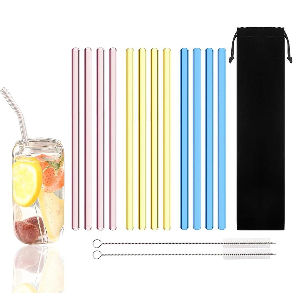 15Pcs Reusable Glass Drinking Straw Set with Brush High Borosilicate Glass Straws for Smoothies Cocktails Party Bar Accessories