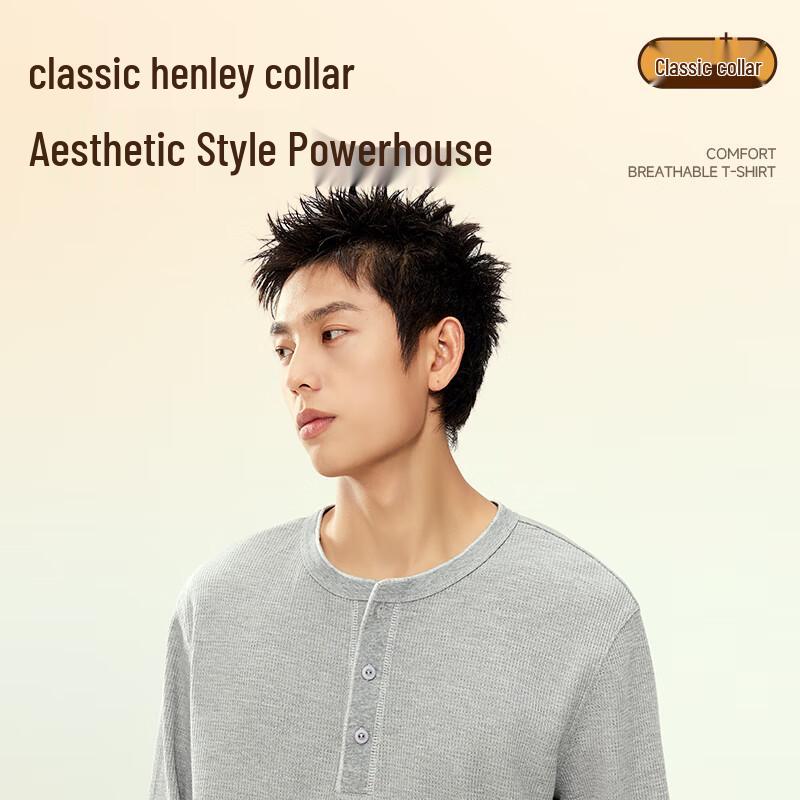 GENIOLAMODE Men's Waffle Texture Henley Long-Sleeve T-Shirt