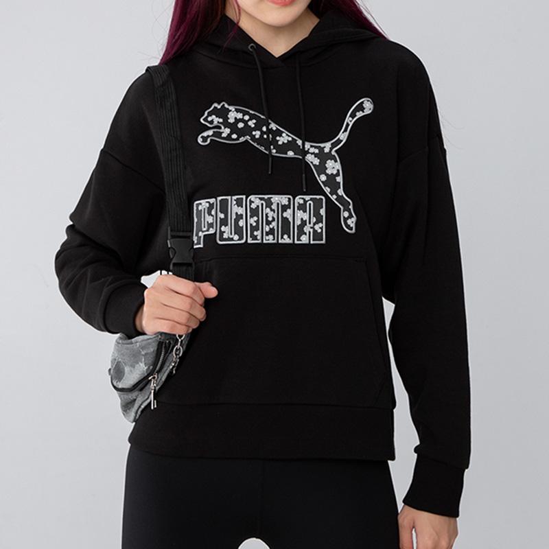Puma Floral Graphic Hoodie With Logo Print Women Tops Black 533214-01