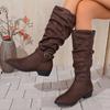 Pleated Design Block Heel Knee High Boots Women Plus Size 36-42 Zipper Long Boots Woman  Fashion Buckle Flock Botas Mujer