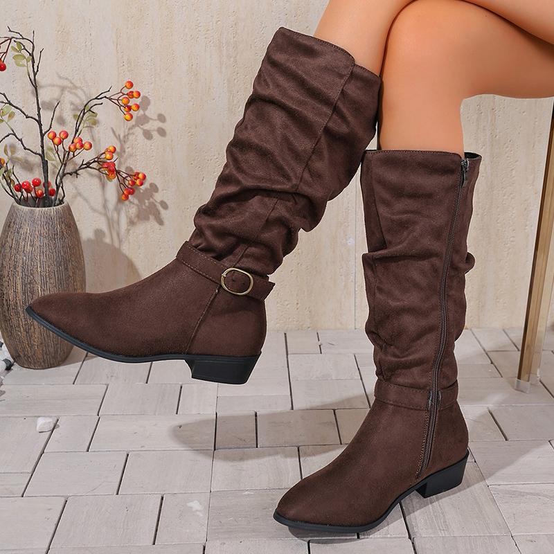 Pleated Design Block Heel Knee High Boots Women Plus Size 36-42 Zipper Long Boots Woman  Fashion Buckle Flock Botas Mujer
