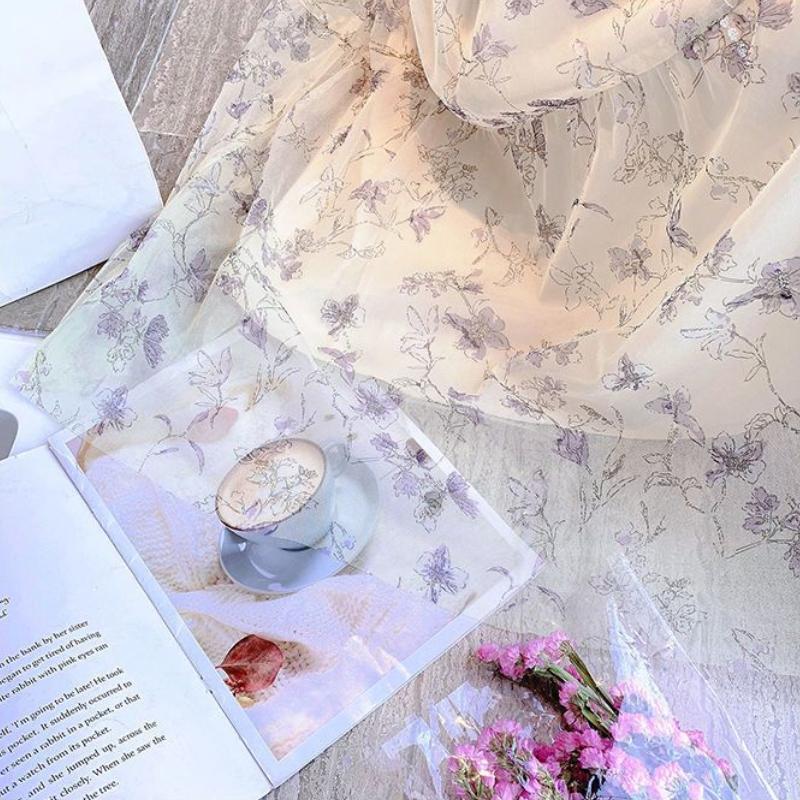 French Square Neck Floral Dress Trend Temperament Thin Chiffon Fairy Long Skirt Slim Waist Bundle Hundred with Bubble Sleeve Dresses