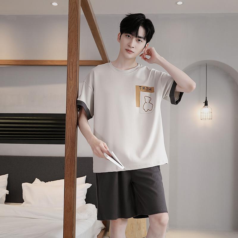 Men's Pajamas Set Letter Print Short-Sleeve Tops and Shorts Sleepwear Loungewear Students Two-Piece Youth Boy Nightwear Y2k Homewear Male