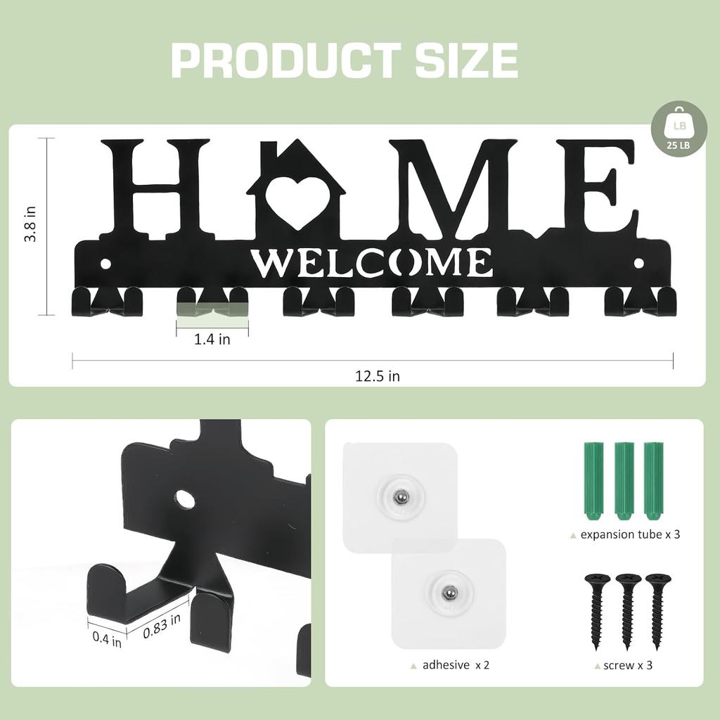 Key Holder Wall Mount, Adhesive Metal Key Hanger with 6 Double Hooks, 2 Tallation Methods, Black