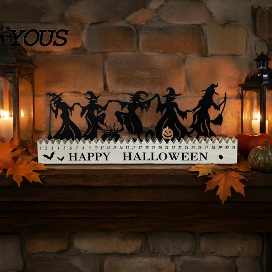 Spooky Home Decor Halloween Wooden Countdown Calendar, Dancing Witch 31 Day Timer with Party Supplies Sliding Pumpkin, Silhouette Tabletop for