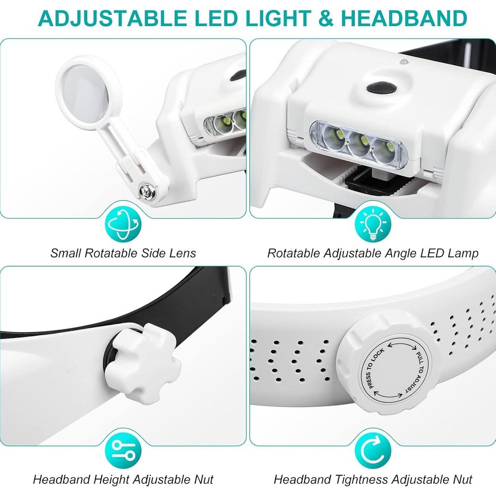 Headband Magnifier Glasses, 1X To 14X Rechargeable Head Magnifier with LED Light, Handsfree Head Mount Magnifying Glass with 6 Detachable
