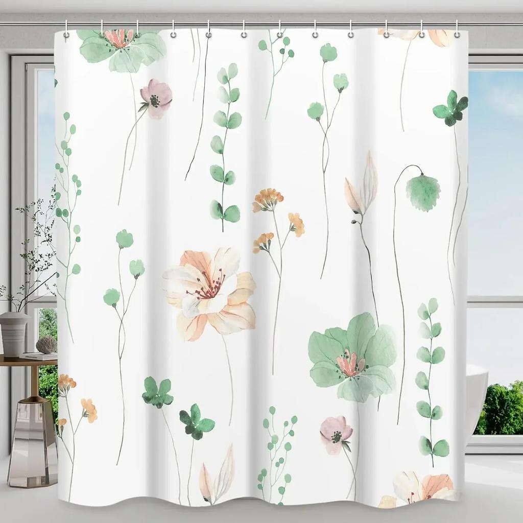 Watercolour Floral Shower Curtain Spring Sage Floral Botanical Curtain Polyester Fabric Shower Curtain Bathroom Decor with Hooks