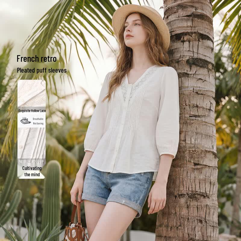 French Style Pleated V-Neck Blouse S
