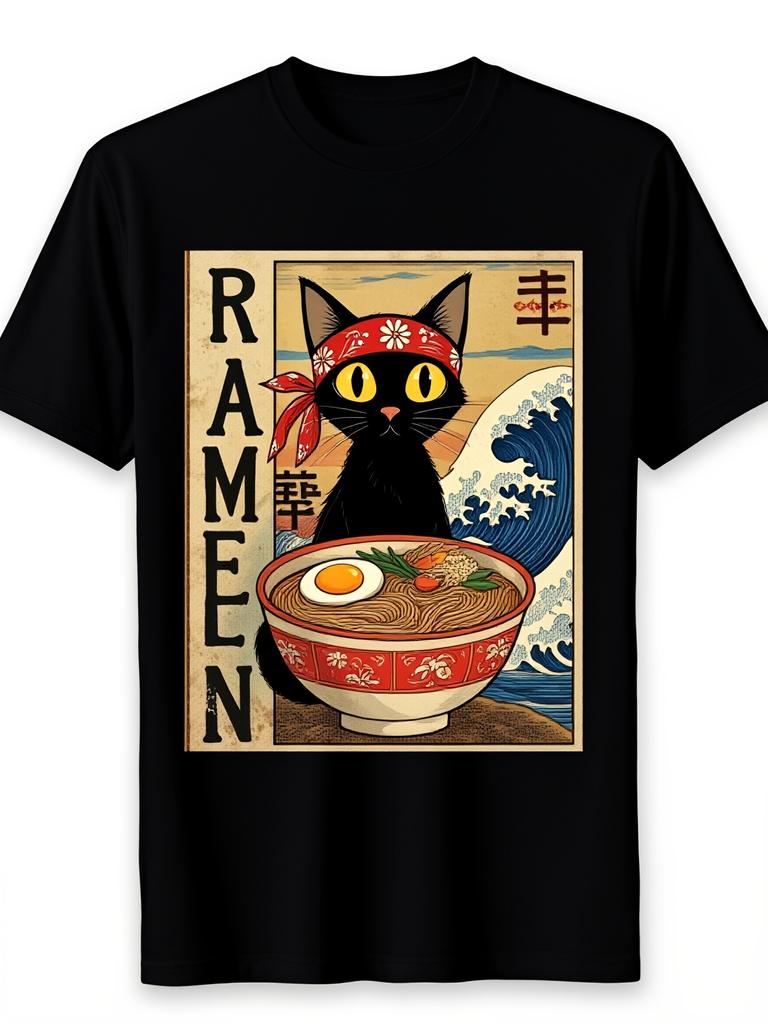 Fun Kawaii Eating Noodles Japanese Ukiyoe Art T-Shirt Men And Unisex, Loose Fit, Stretch Black, Ca