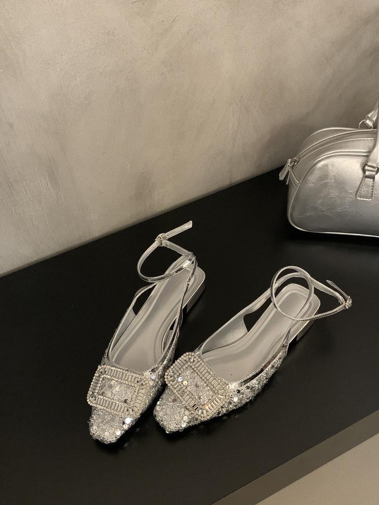 Silver sequined low-heeled bag head sandals fairy shoes new high-end rhinestone shoes