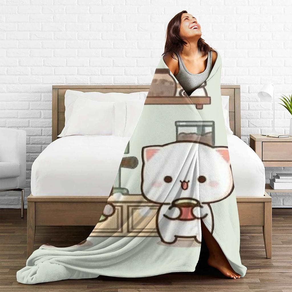 BuBu DuDu Baby-Panda-Bär-Decken, Mochi-Milch-Pfirsich-Goma-Paar-Flanell, lustige Überwurfdecke für Zuhause, Restaurant, Textildekoration