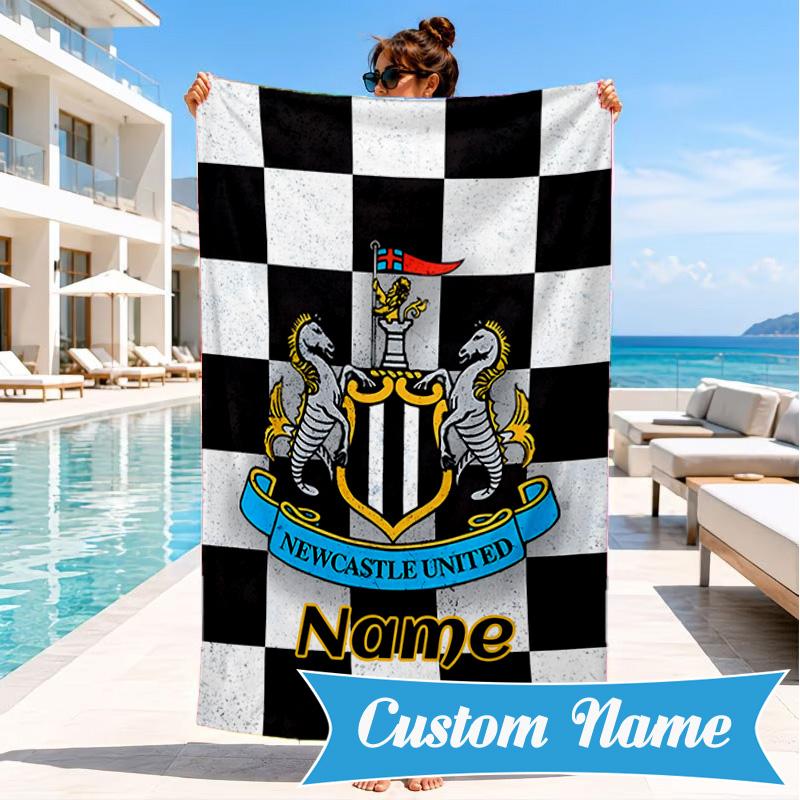 Custom Name Beach Towel Newcastle Football Crest Microfiber Beach Towel, Lightweight for Summer Travel, Swimming Pool Fan Birthday Gift