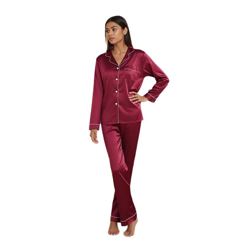 Damen Satin-Schlafanzug Set in Übergröße: Langarm, Lange Hose - Frühling/Sommer Seidiges Lässiges Zweiteiler