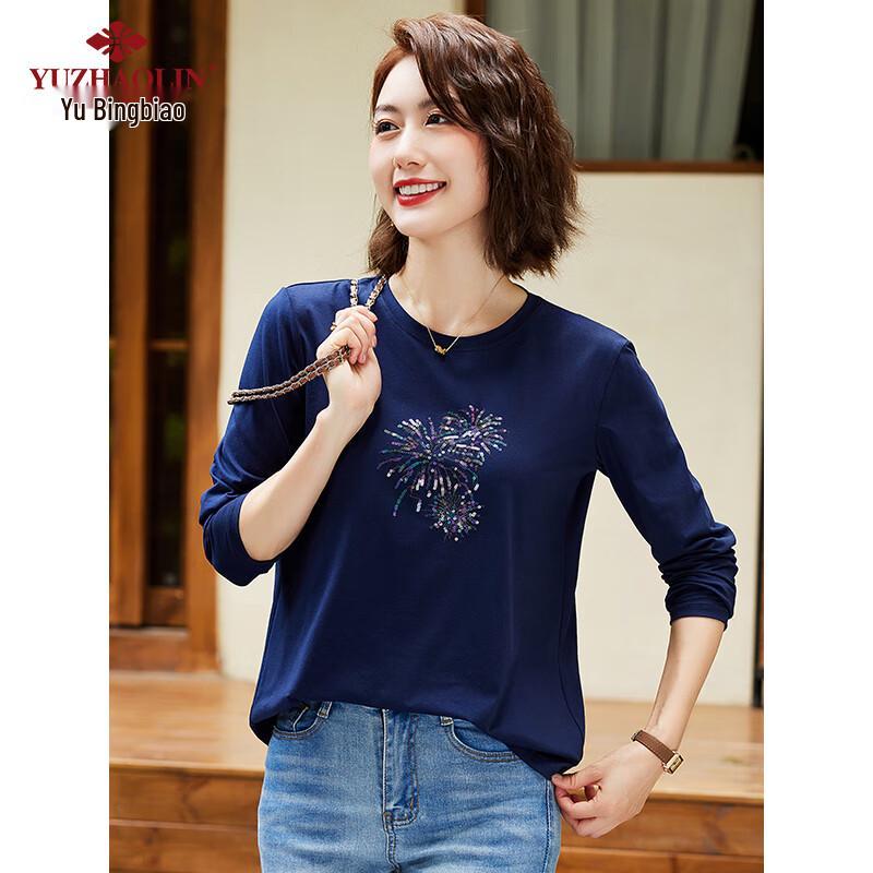 YUZHAOLIN Women's Sequin Embroidered Long-Sleeve T-Shirt