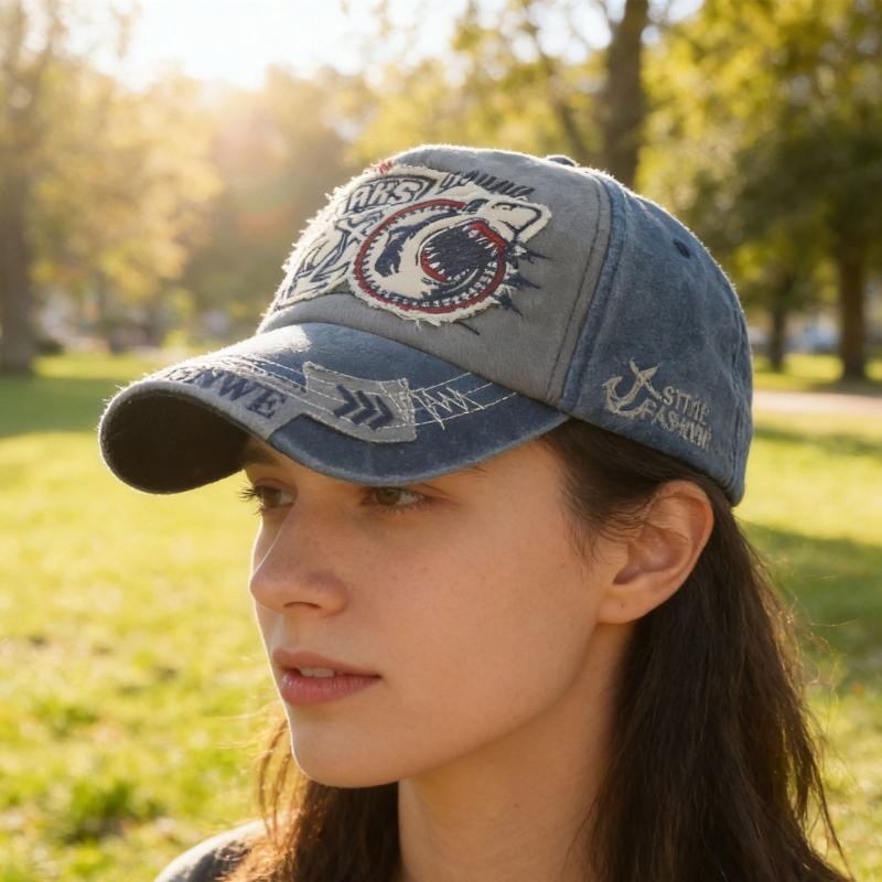 Water Scrubbing Jeans Baseball Cap With Embroidered Shark Design Adjustable Hat Circumference For Men And Women